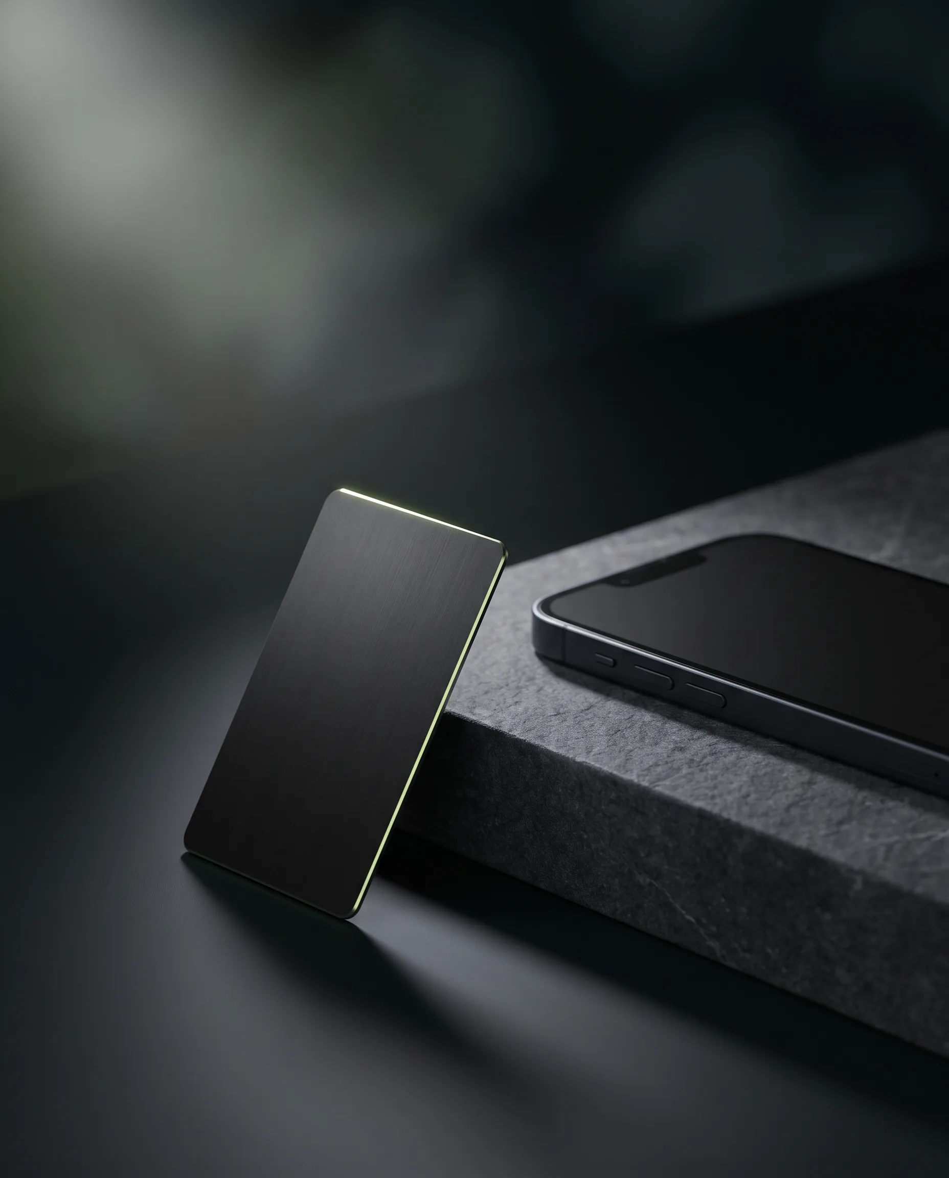 The matte black Bloom metal keycard resting beside a phone lying face down